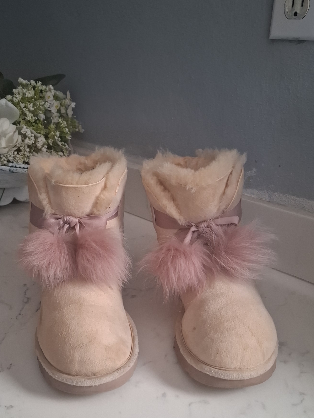 UGG Women's Cream Ankle Boots with Pink Pom Pom Trim